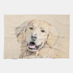 Golden Retriever Painting - Cute Original Dog Art Tea Towel