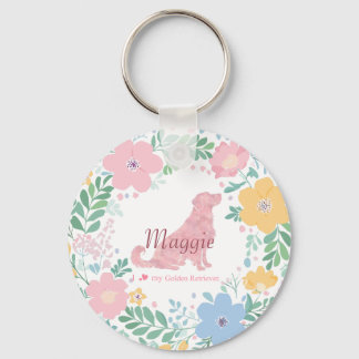Golden Retriever Pastel Pink Flower Wreath Key Ring