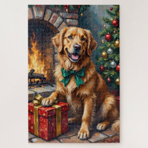 Golden Retriever Patiently Guarding Christmas Gift Jigsaw Puzzle
