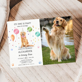Golden Retriever Pawty Dog Puppy Birthday Blue  Invitation