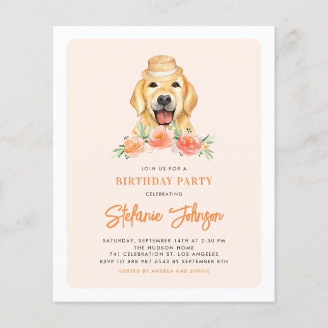 Golden Retriever Peach Birthday Party Invitation (Front)
