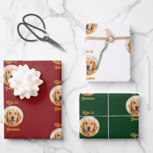 Golden Retriever photo red white green Christmas Wrapping Paper Sheet
