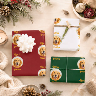Golden Retriever photo red white green Christmas Wrapping Paper Sheet