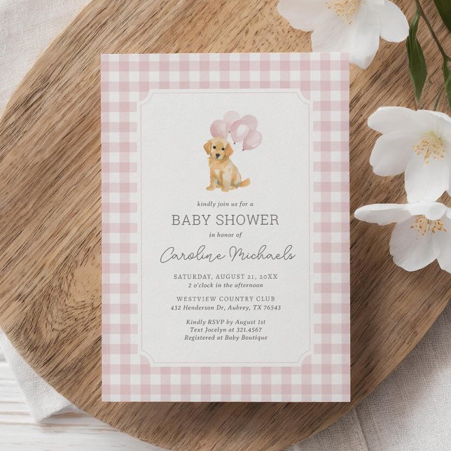 Golden Retriever Pink Gingham Baby Shower Invitation (Creator Uploaded)