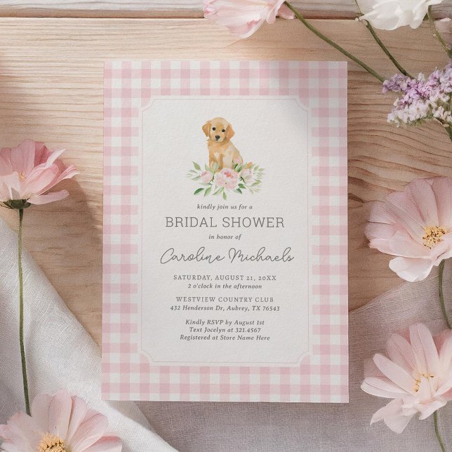 Golden Retriever Pink Gingham Bridal Shower Invitation (Creator Uploaded)