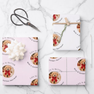 Golden Retriever Pink White Photo Life is Better Wrapping Paper Sheet
