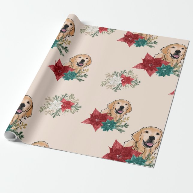 Golden Retriever Poinsettia Wrapping Paper (Unrolled)