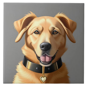 Golden Retriever Portrait Wearing Black Collar Tile