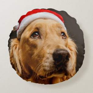 Golden Retriever posing for his Christmas Round Cushion