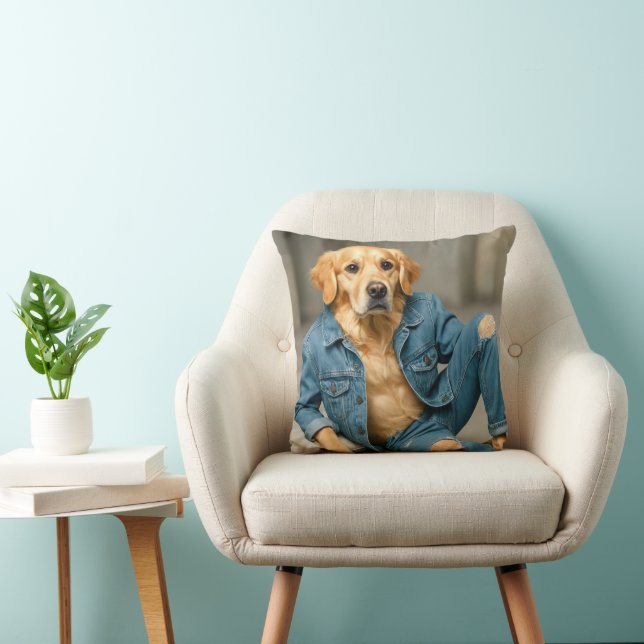 Golden Retriever Posing In Blue Jeans Cushion (Chair)