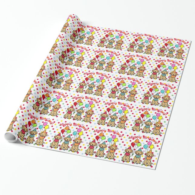 Golden Retriever Puppies Birthday Wrapping Paper (Unrolled)