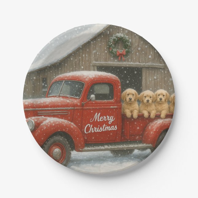 Golden Retriever Puppies in an old truck Christmas Paper Plate (Front)