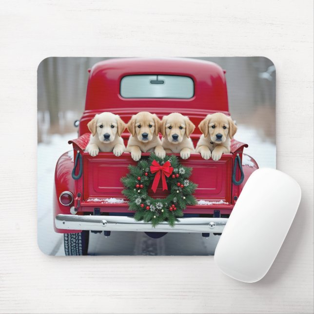 Golden Retriever Puppies In Christmas Truck Mouse Pad (With Mouse)