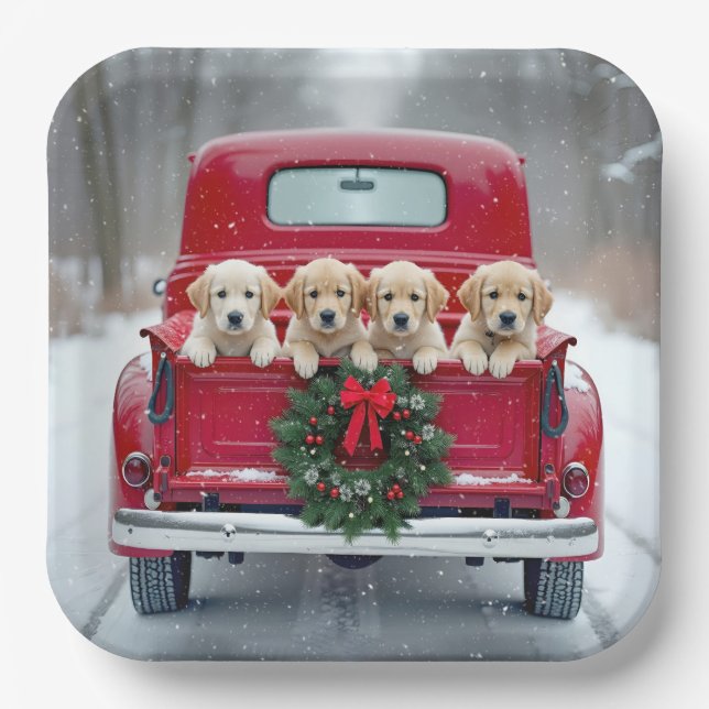 Golden Retriever Puppies In Christmas Truck Paper Plate (Front)