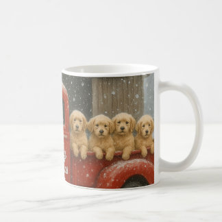 Golden Retriever Puppies in Truck Christmas Card Coffee Mug