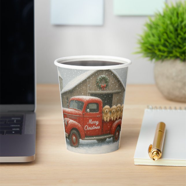 Golden Retriever Puppies in Truck Christmas Card Paper Cups (Insitu)