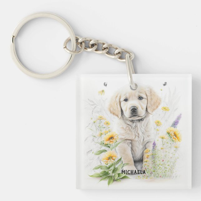Golden Retriever Puppy and florals monogram name Key Ring (Front)