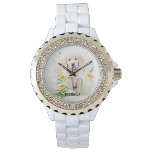 Golden Retriever Puppy and florals monogram name Watch