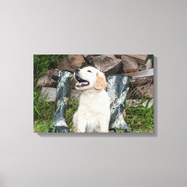 Golden Retriever Puppy and Hunting Boots Canvas Print (Front)