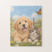 Golden Retriever Puppy and Tabby Kitten