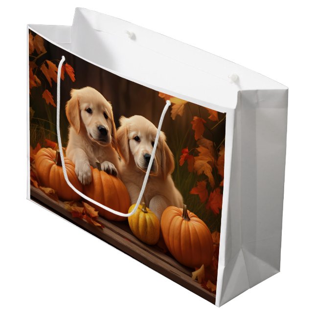 Golden Retriever Puppy Autumn Delight Pumpkin  Large Gift Bag (Front Angled)