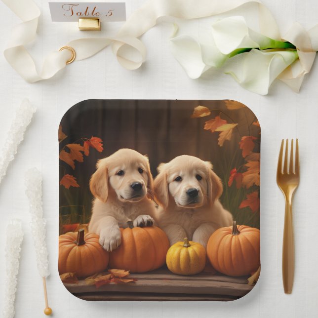 Golden Retriever Puppy Autumn Delight Pumpkin  Paper Plate (Wedding)