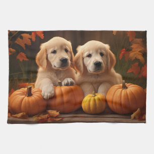 Golden Retriever Puppy Autumn Delight Pumpkin  Tea Towel