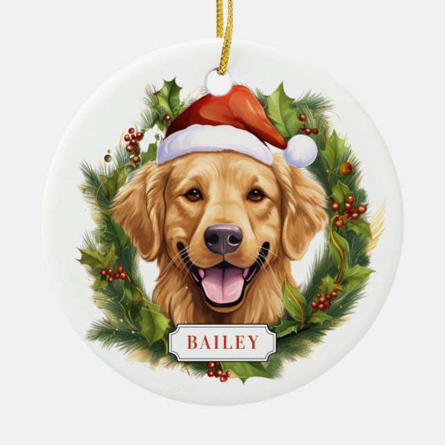 Golden Retriever Puppy Ceramic Circle Ornament (Front)