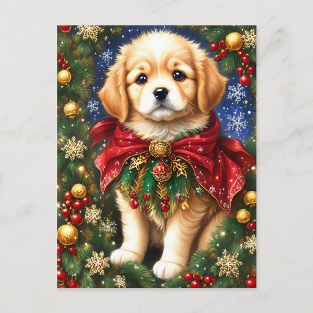 Golden Retriever Puppy Christmas Tree Snowflakes  Holiday Postcard (Front)