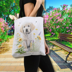 Golden Retriever Puppy Florals Monogram Name Tote Bag