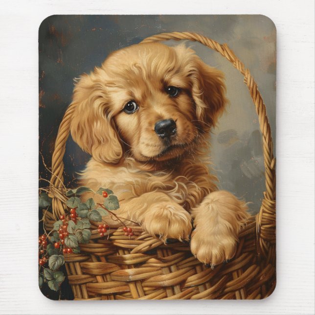 Golden Retriever Puppy in a Basket Mouse Pad (Front)