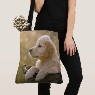 Golden Retriever Puppy in a Metal Bucket Tote Bag