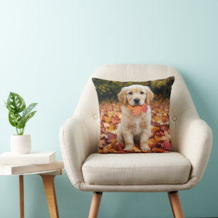 Golden Retriever Puppy in Autumn Leaves Cushion