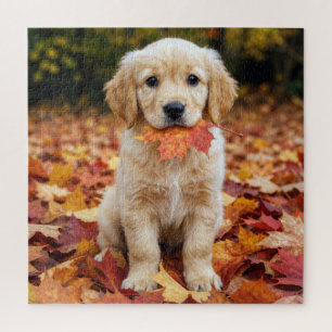 Golden Retriever Puppy in Autumn Leaves Jigsaw Puzzle