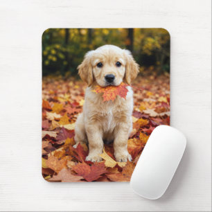 Golden Retriever Puppy in Autumn Leaves Mouse Pad