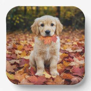 Golden Retriever Puppy in Autumn Leaves Paper Plate