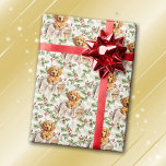 Golden Retriever Puppy in Basket Christmas Holly  Wrapping Paper<br><div class="desc">An adorable Golden Retriever puppy peeking out of a wicker laundry basket is the feature in the pattern on this Holiday gift wrapping paper. The portrait is amid a pattern of green holly sprigs and red berries.  Perfect during the Christmas season for any Golden Retriever Dog lover!</div>