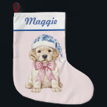 Golden Retriever Puppy in Blue Damask Santa Hat Large Christmas Stocking<br><div class="desc">This  Christmas stocking features grandmillennial design featuring a Golden Retriever Puppy in a blue and white Damask Santa Hat on a blush pink background. You can personalise with a name in a navy blue cursive font.</div>