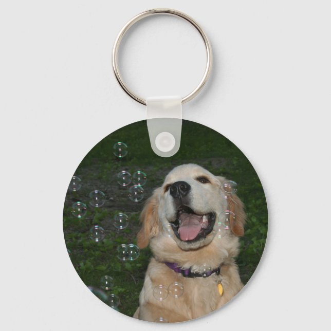 Golden Retriever Puppy in Bubbles Key Ring (Front)