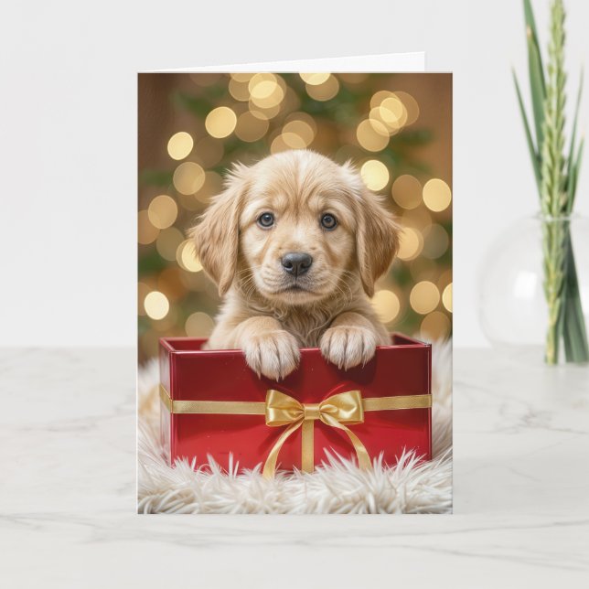 Golden Retriever Puppy in Christmas Box Holiday Card (Front)