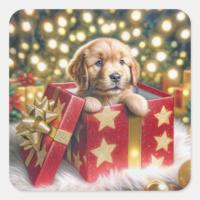 Golden Retriever Puppy in Christmas Box Square Sticker (Front)