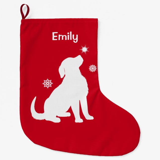 Golden Retriever Puppy in Snow at Christmas Large Christmas Stocking (Front)