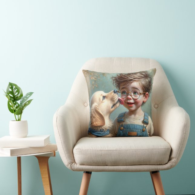 Golden Retriever Puppy Licking Boy Cushion (Chair)