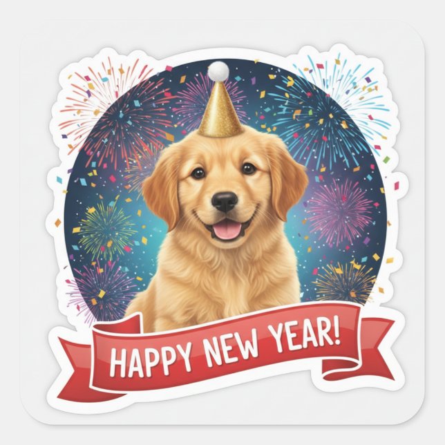 Golden Retriever Puppy New Year Sticker (Front)