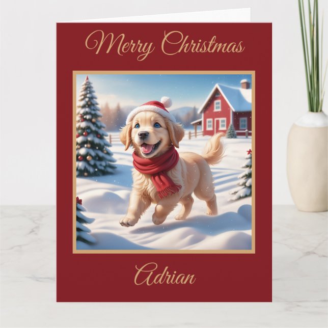 Golden Retriever Puppy on a Farm at Christmas Card (Front)
