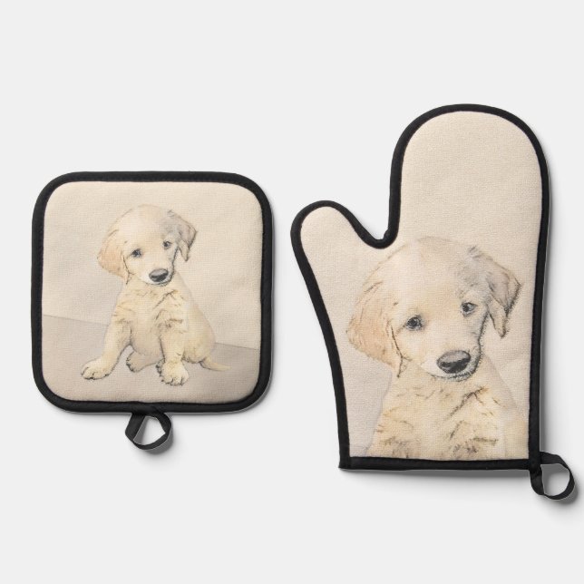 Golden Retriever Puppy Painting Original Dog Art Oven Mitt & Pot Holder Set (Front)