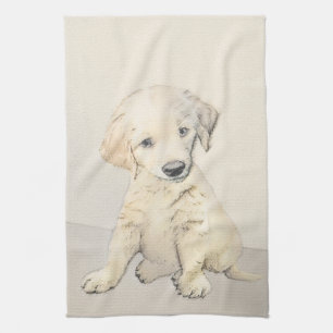 Golden Retriever Puppy Painting - Original Dog Art Tea Towel
