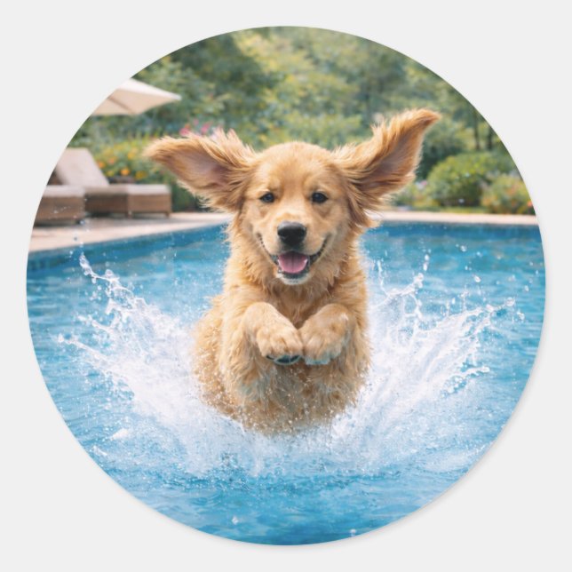Golden Retriever Puppy Pool Plunge Classic Round Sticker (Front)