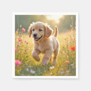 Golden Retriever Puppy Running In a Meadow Napkin