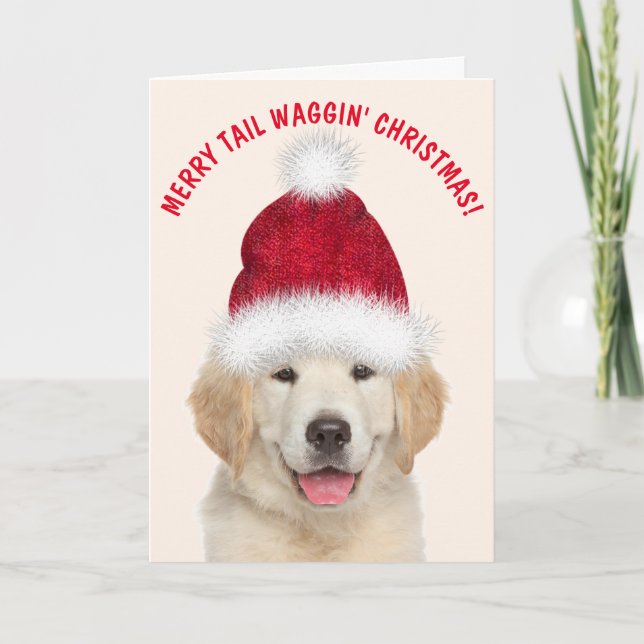 Golden Retriever Puppy Tail Waggin' Christmas Holiday Card (Front)
